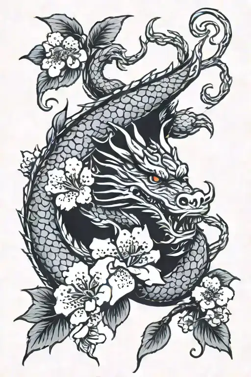Red Dragon And Cherry Blossom Flowers