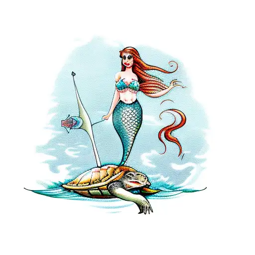 Mermaid With Flowing Auburn Hair Riding On A Sea Turtle With A Trident Pointing Up Swimming Away