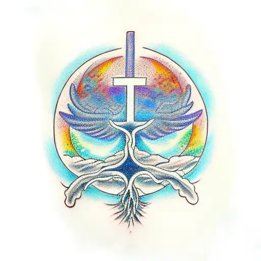 Tree Of Life With Wings And Spirituality With A Cross In The Center