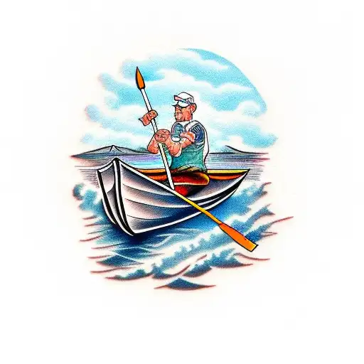 Old Man Rowing Boat With Grandson