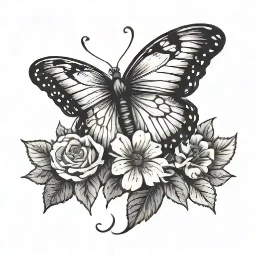 Butterfly Tattoo With Flowers Below Black And White