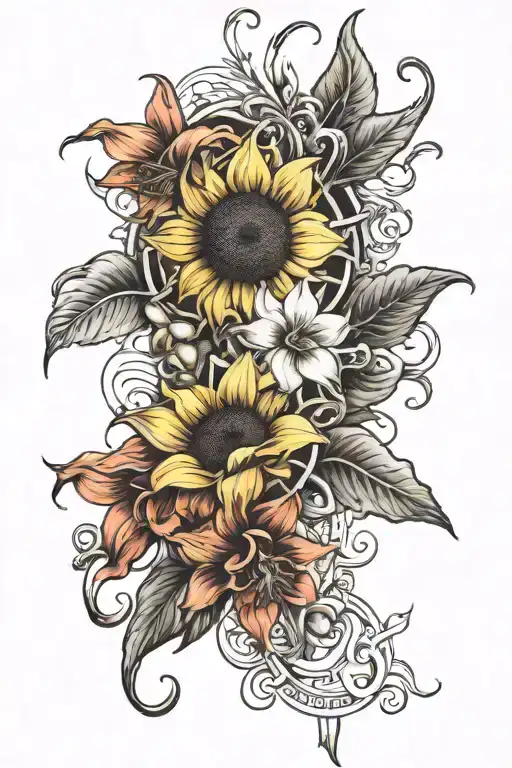 Sunflower And Orchid Arm Tattoo With Biomechanical Background For The Arm