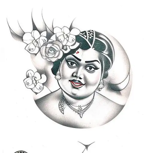 Pin Up Of A Chubby Indian Woman Surrounded By Black Dahlia Flowers