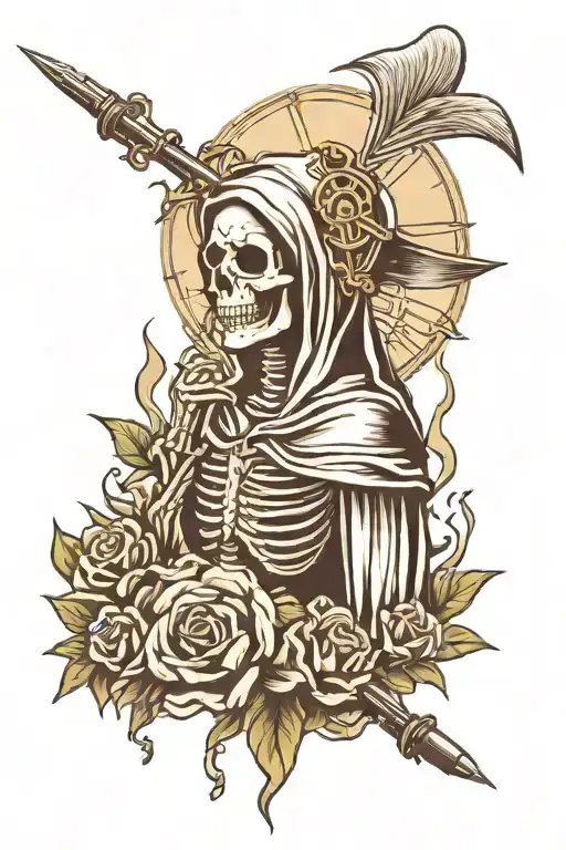 Virgin Mary As Skeleton Wearing Ammunition With A Pocket Watch And Razor Blade