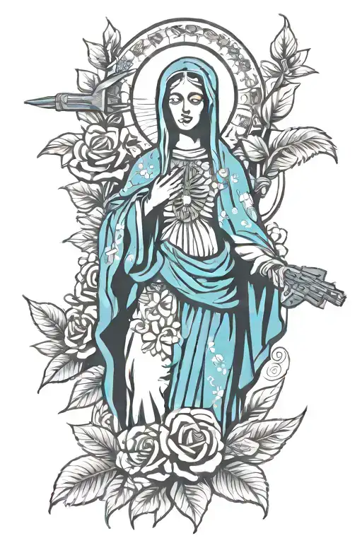 Virgin Mary As Skelton Wearing Hawaiian Shirt With Bullets Missiles Roses