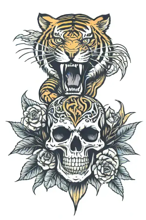 Arm Sleeve With A Tiger A Lion And A Snake Going Trough A Skull