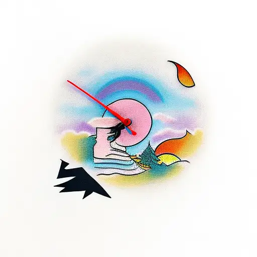 Father And Daughter Shadow Walking On The Sunset With A Clock