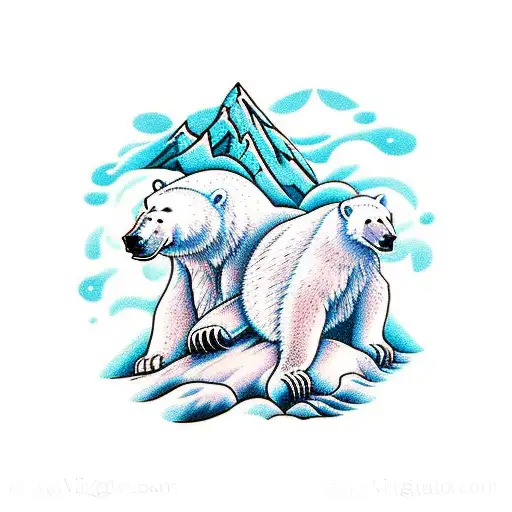 Polar Bear And Two Cubs On Mountains Under Orion