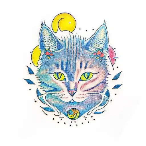 A Traditional Style Tattoo Of A Cat Exploring A Space-themed Garden