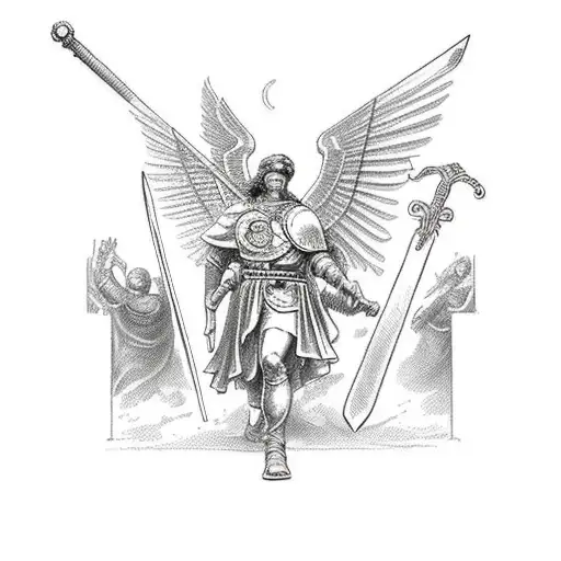 Roman Arc Angle Warrior With Sord Protecting The Names Of Two Children - To Be On Full Shoulder