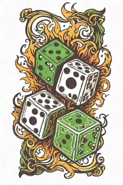 Two Dice In Flames In Black And Green Scheme