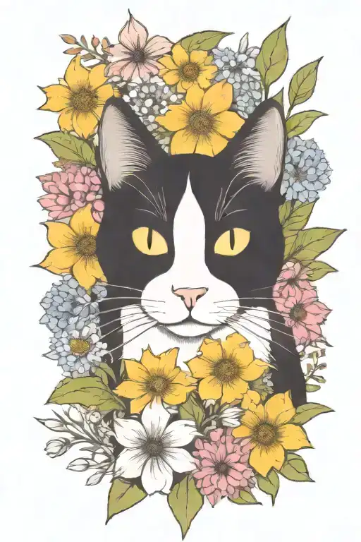 A Whimsical Black And White Cat Exploring A Field Of Wildflowers