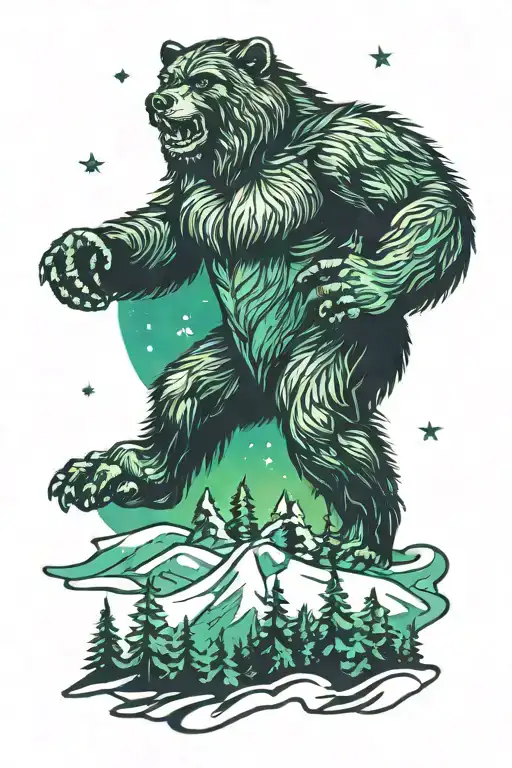 Bigfoot Pine Forest Ufo Mountain Wolves Northern Lights
