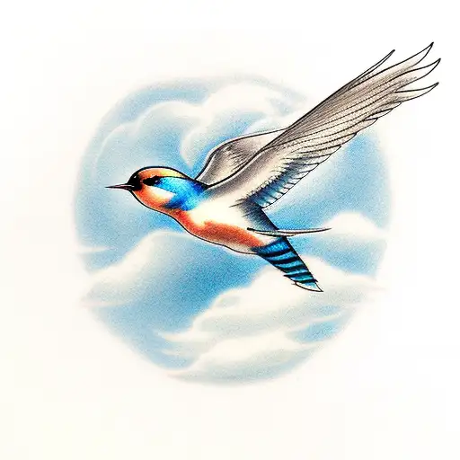 Swallow Bird With Cloud Back Round And Angle Sitting On Cloud