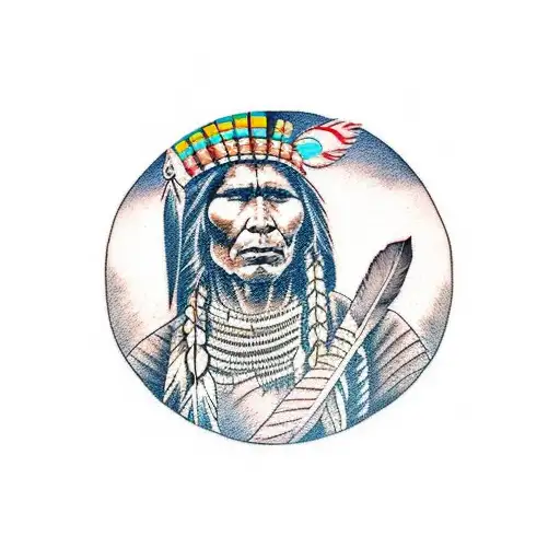 A Traditional Style Tattoo Of A Native American Warrior Gazing At The Colorado Mountains