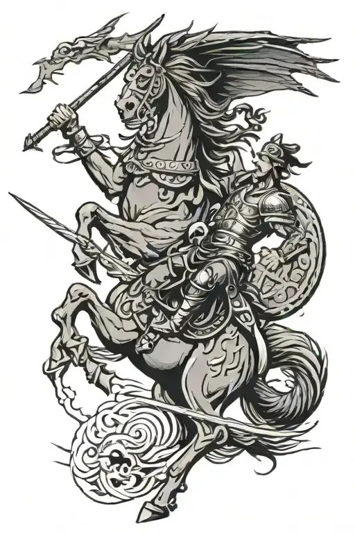 A Warrior With A Spear On A Horse Pierces A Dragon