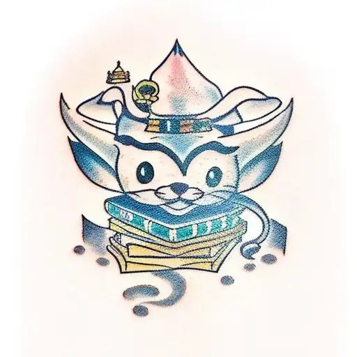 A Traditional Style Tattoo Of A Stack Of Books With Disney Characters Peeking Out From Behind Them