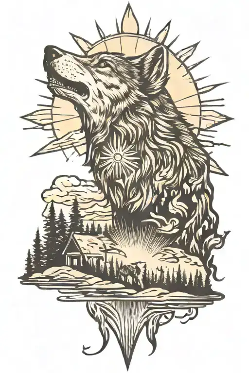 Wolf With Sun Camping Scene Back