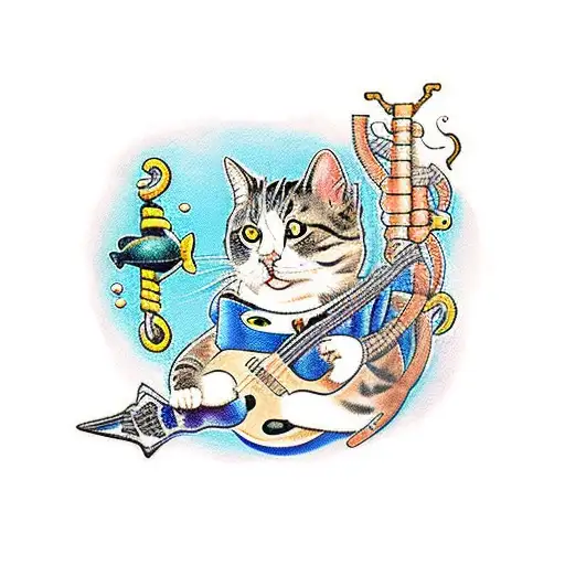 Underwater Scene With A Guitar-playing Cat Surrounded By Diving Gear