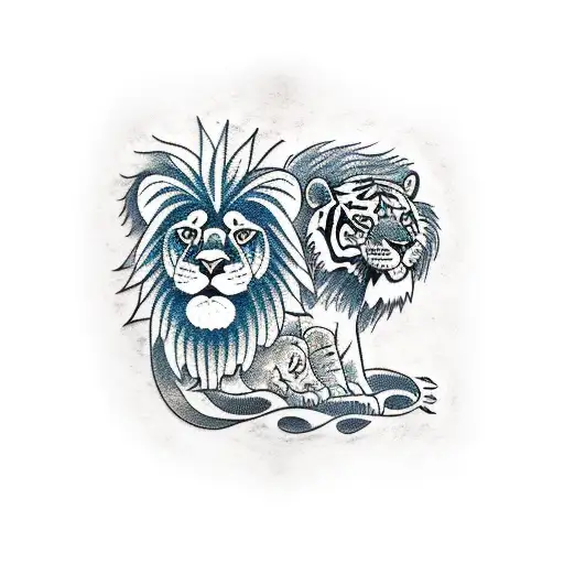 A Traditional Style Tattoo Of A Lion And A Tiger Facing Each Other In A Law Library