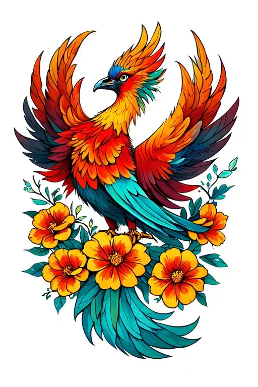 Phoenix With Tail Feathers And Flowers