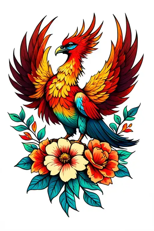 Phoenix With Tail Feathers And Flowers