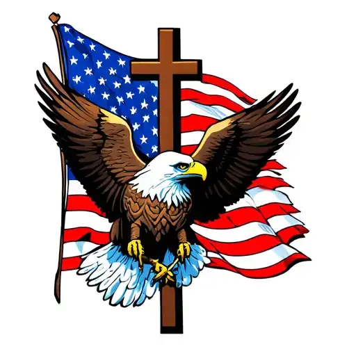 American Eagle In Front Of An American Flag Wrapped In A Christian Cross