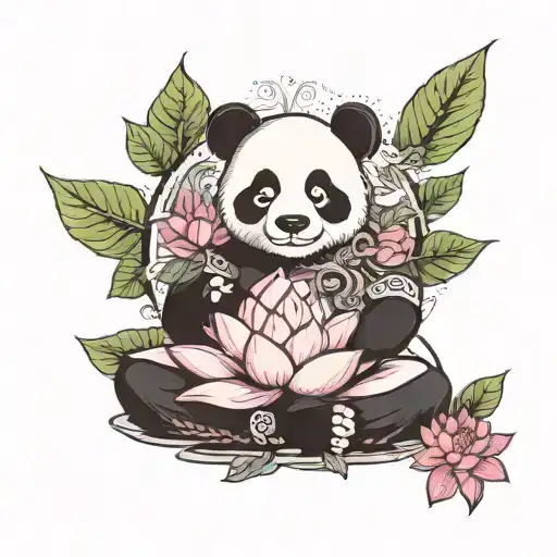 Meditating Panda On A Lotus Flower With A Decorative Tree In The Background Design For A