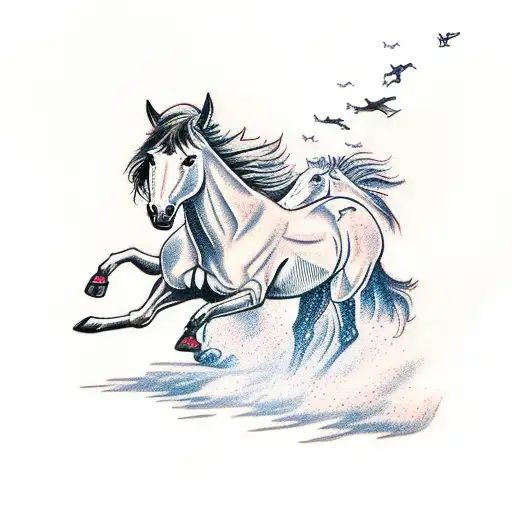 Two Mustang War Horses Running In A Field