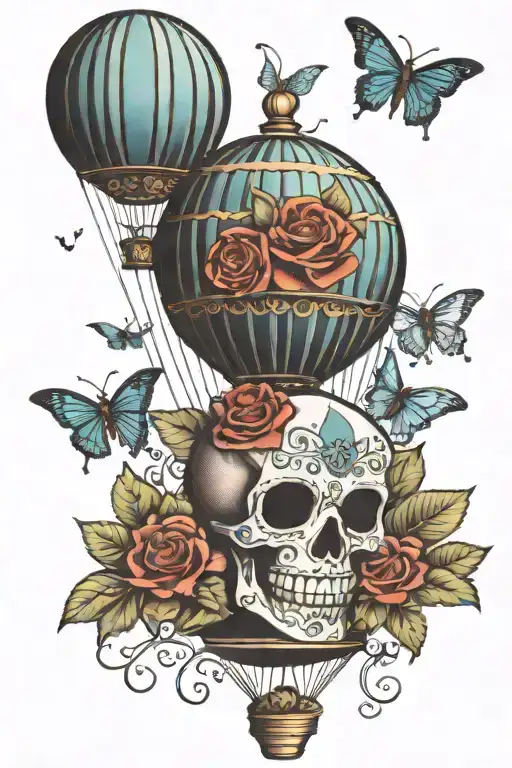 Hot Air Balloon With A Sugar Skull Design For The Balloon And A Grasshopper On The Basket