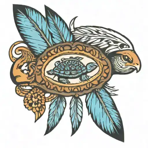 Native American Armband With A Blue Feather And A Turtle