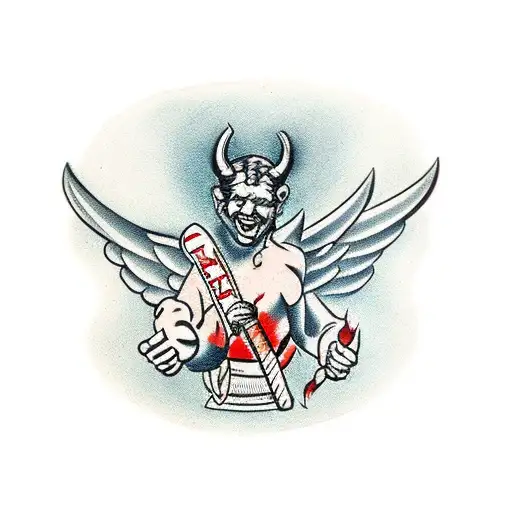 Devil And Angel Grabbing A Hockey Stick