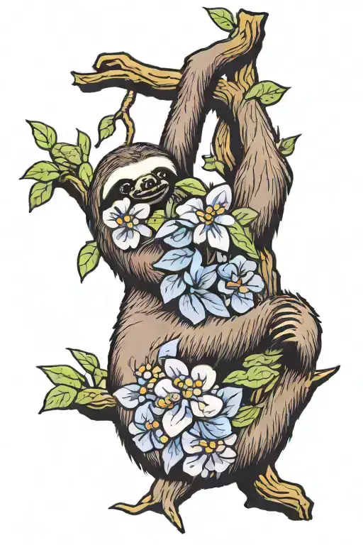 Sloth Hanging From A Tree With Lilac Flower