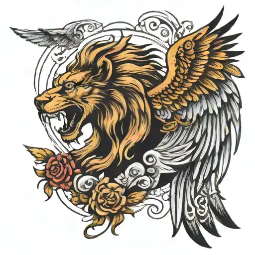 A Tattoo With The Wings Of A Phoenix Roaring With A Lion And A Bear