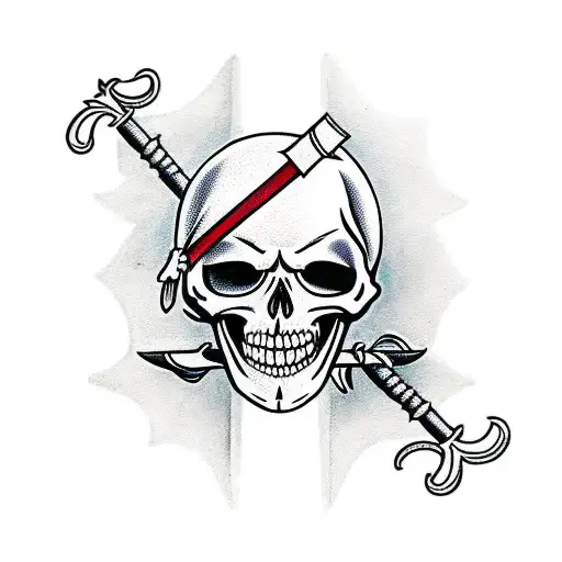 A Hooded Skeleton Holds Two Crossed Swords Above His Head