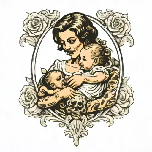 A Traditional Tattoo Of A Mother Figure Reading To Her Child With Skull Accents