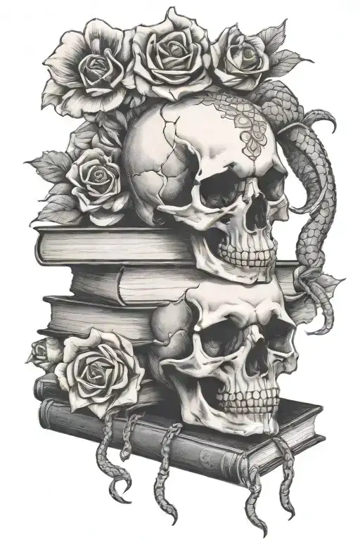 Stack Of Books With Skull And Snake On Top With Flowers