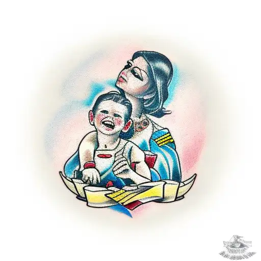 Tattoo On The Forearm Of A Mother With Her Son On Her Lap