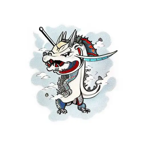 Un Samurai Peleadon Contra Un Dragon Portando Dos Katanas