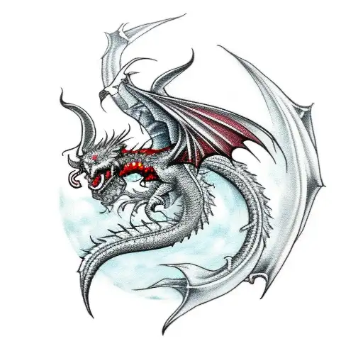 Red Dragon With Black Roses And Full Moon