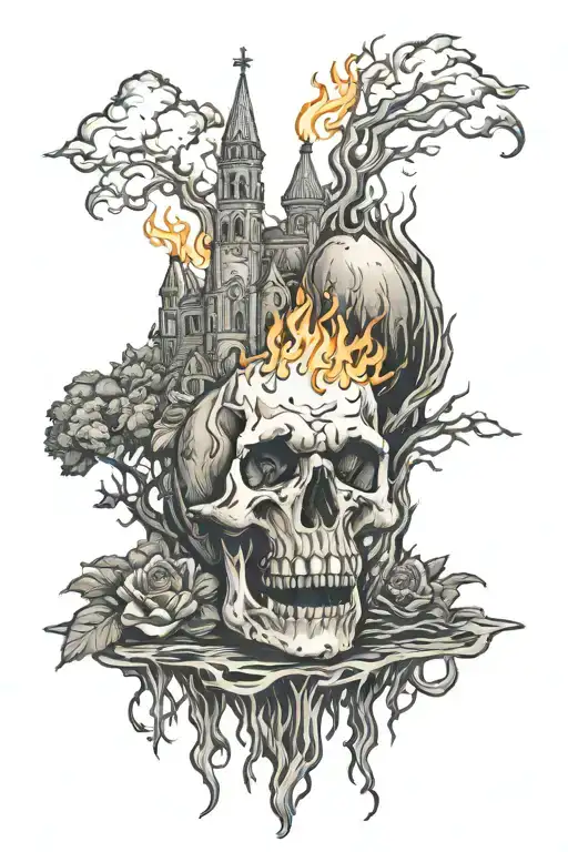 Burning Gothic Monastery Growing Trough The Skull