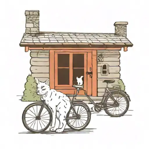 A Road Bike Cyclist With His White British Cat Stand In Front Of Wooden Village House