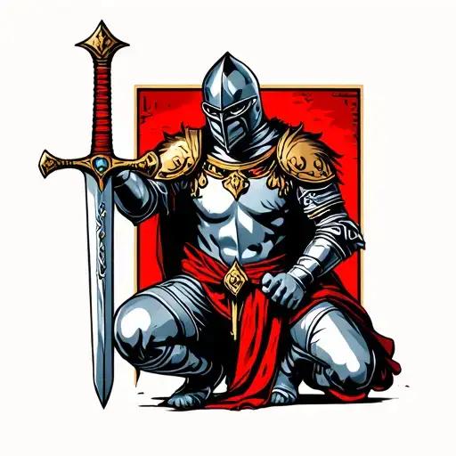 Knight On One Knee Holding A Sword Piercing