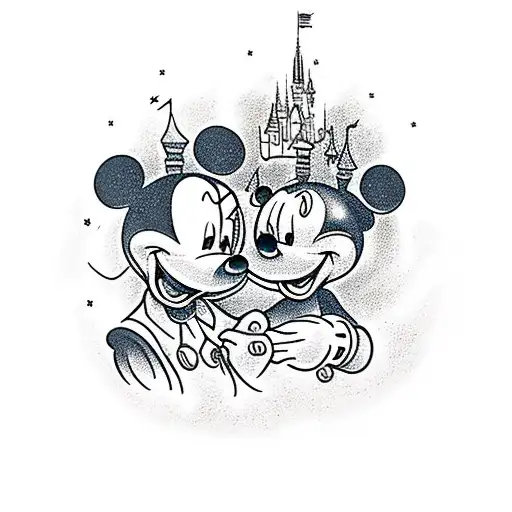 Disney Fireworks In Background With Mickey Head Silhouette Boy And Girl In Front