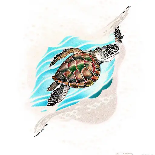 Traditional Style Tattoo Of A Sea Turtle Swimming Among Waves