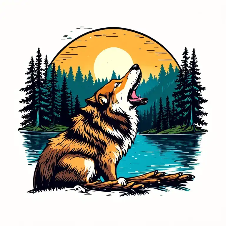 Adult Wolf Howling At The Moon In The Distance With Forest Lake Behind