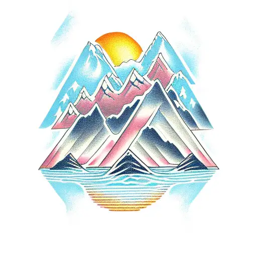 A Traditional Style Tattoo Of A Mountain Range With Engine Parts Integrated Into The Peaks
