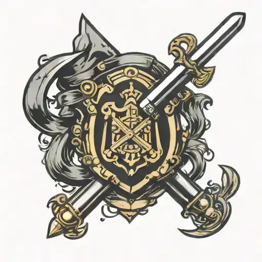 Coat Of Arms With Rpg Dice On Top Of A Crossed Sword And Light Saber