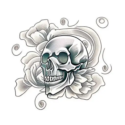 Skull With Poppies And Waves Half Sleeve Upper Arm