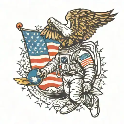 Astronaut With American Flag And Eagle Perched On Astronaut Arm